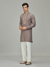 Grey leaf motif zardosi linen men kurta suit