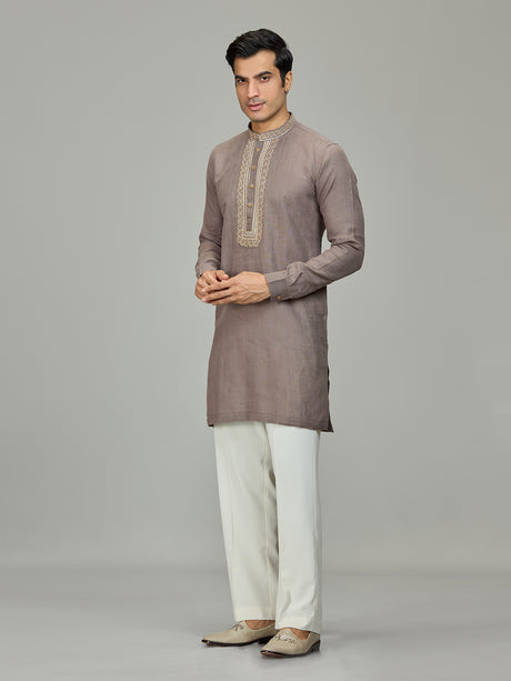 Grey leaf motif zardosi linen men kurta suit