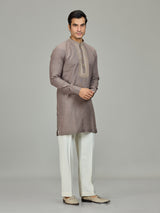 Grey leaf motif zardosi linen men kurta suit