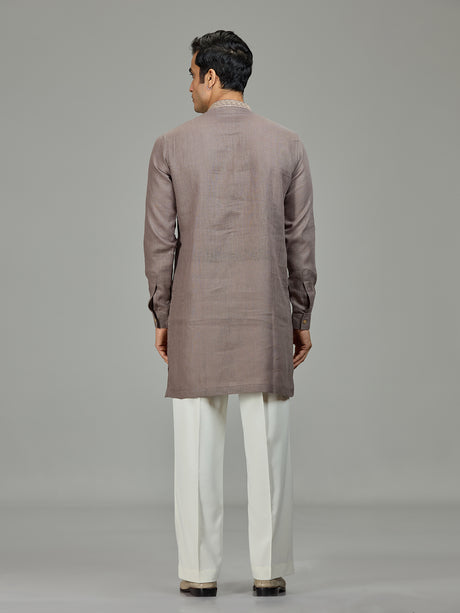 Grey leaf motif zardosi linen men kurta suit