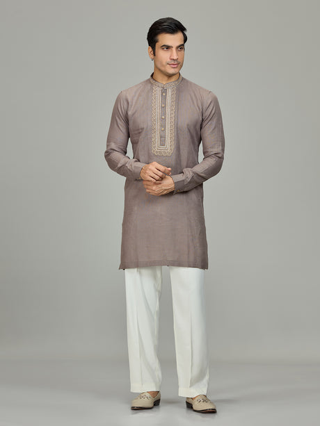 Grey leaf motif zardosi linen men kurta suit