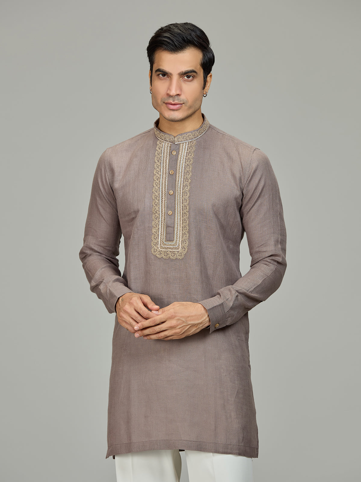 Grey leaf motif zardosi linen men kurta suit