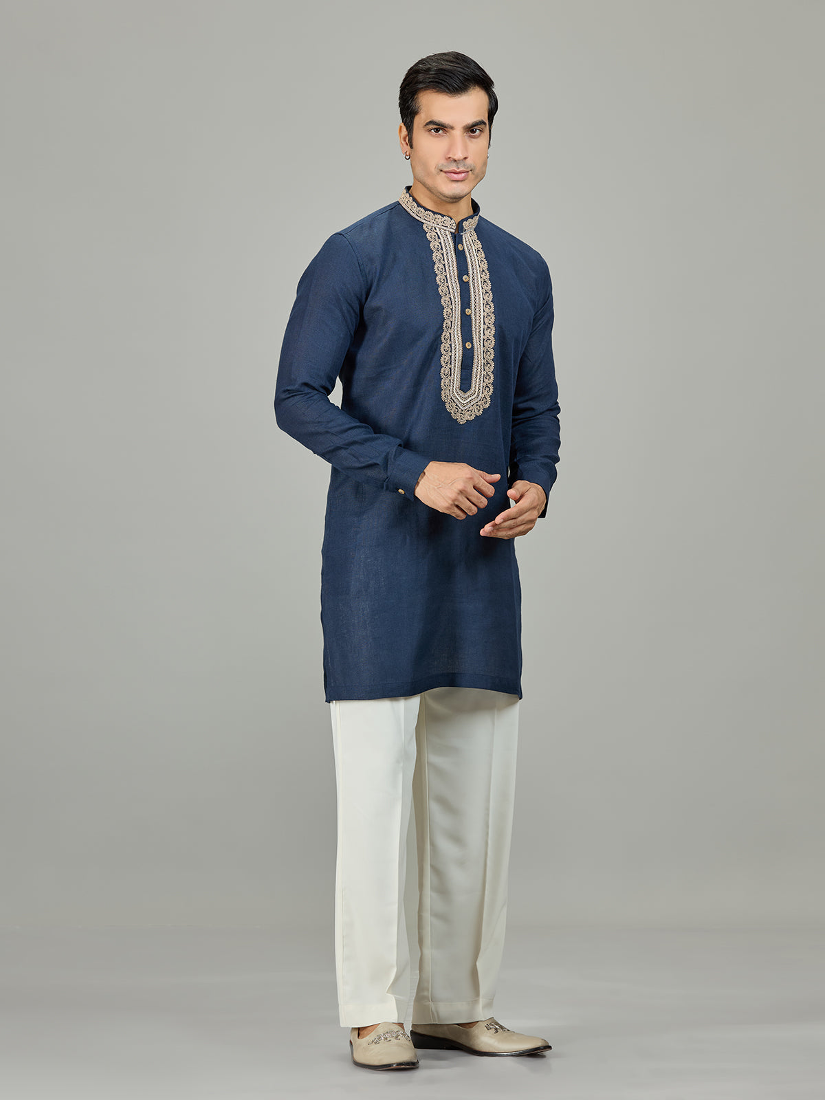Blue textured leaf border linen men kurta suit