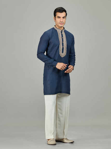 Blue textured leaf border linen men kurta suit