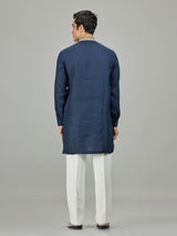 Blue textured leaf border linen men kurta suit