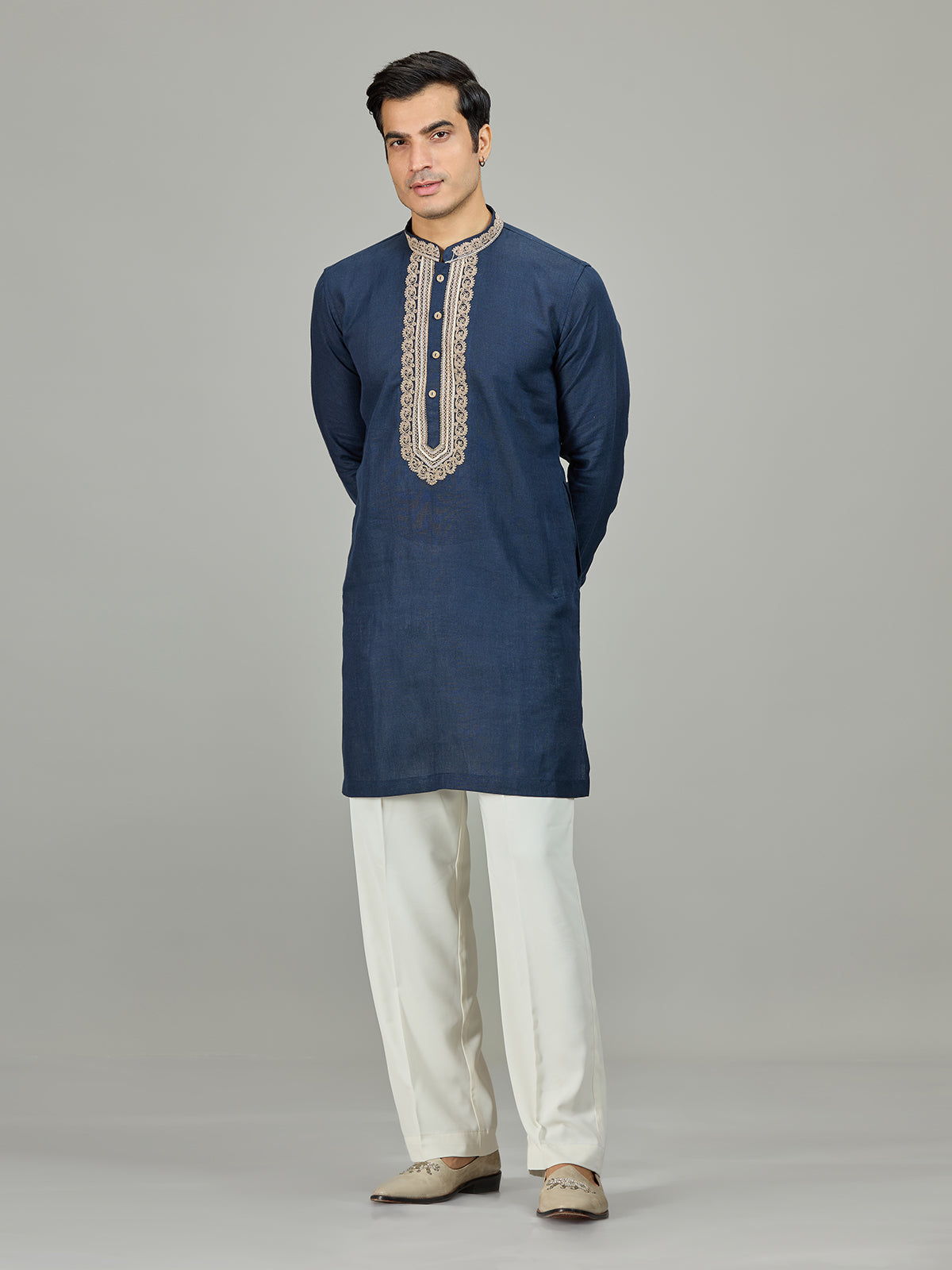 Blue textured leaf border linen men kurta suit