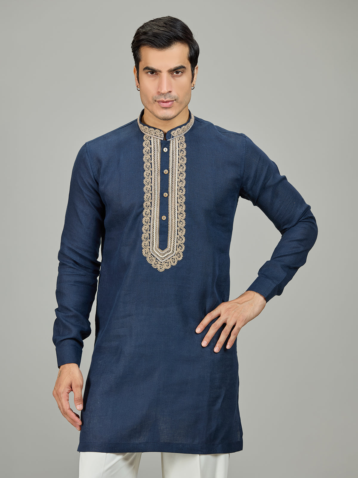Blue textured leaf border linen men kurta suit