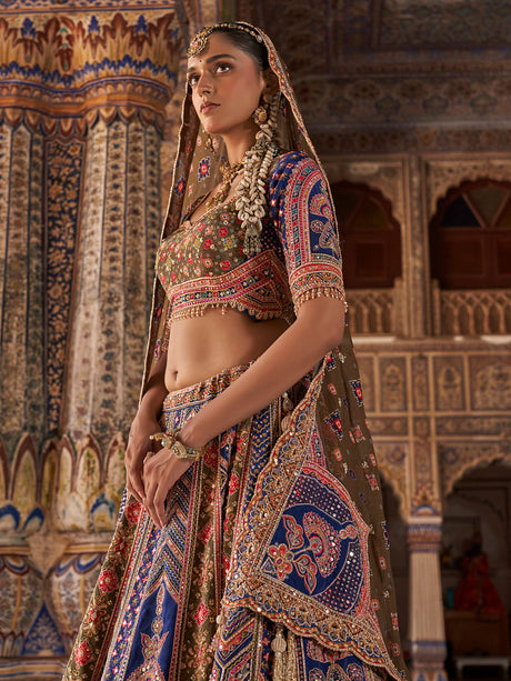 Rama blue mughal chevron women bridal lehenga choli