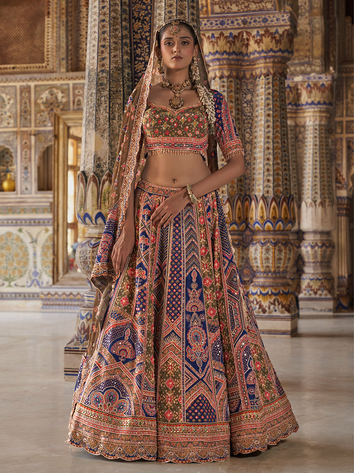 Rama blue mughal chevron women bridal lehenga choli