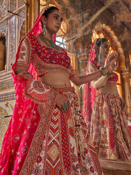 White mughal chevron women bridal lehenga choli