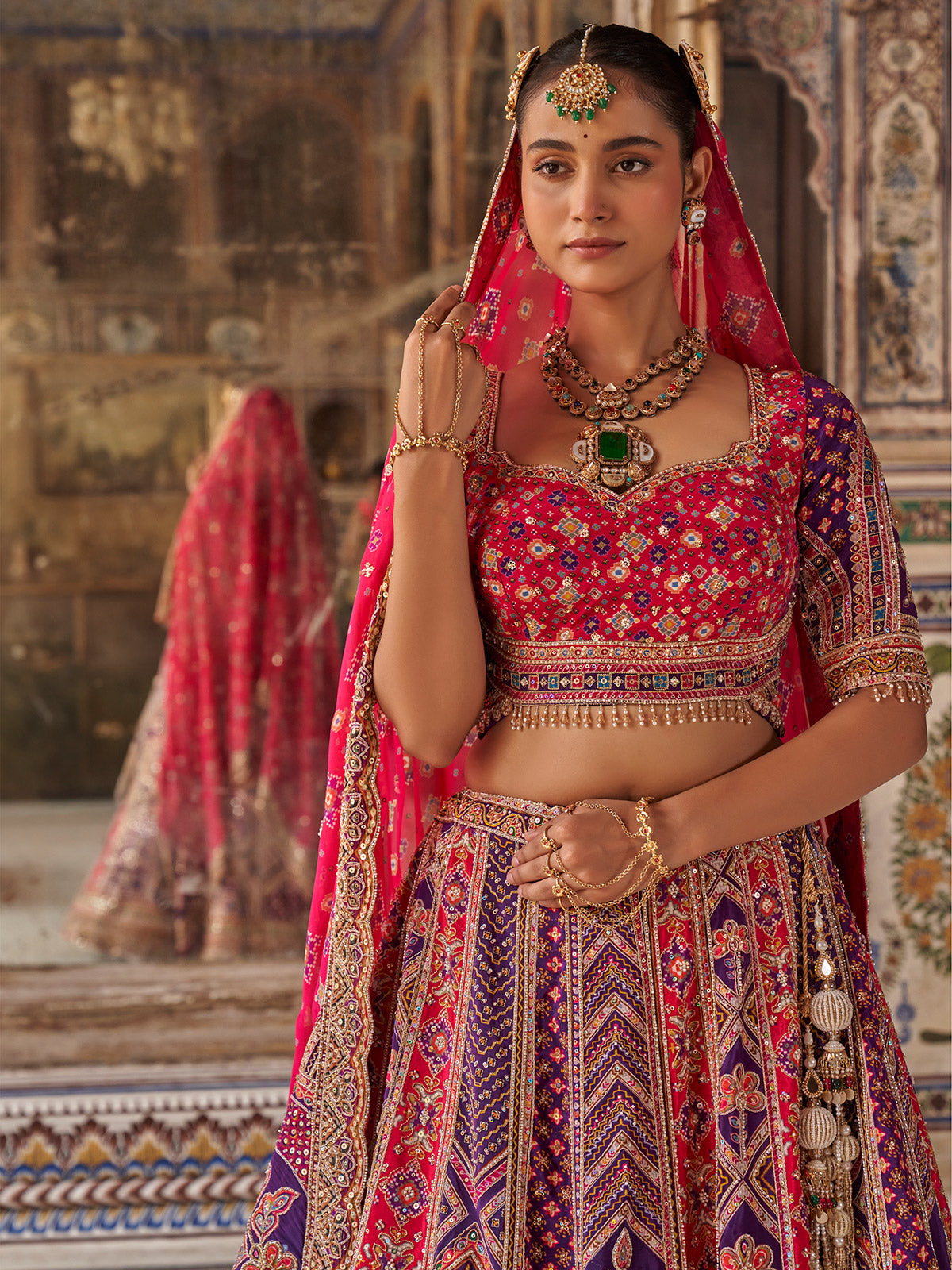 Wine mughal chevron women bridal lehenga choli
