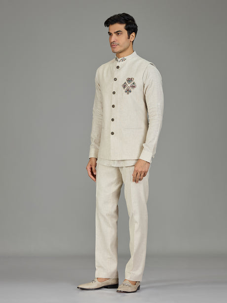 Cream ornate medallion zardosi linen waistcoat set