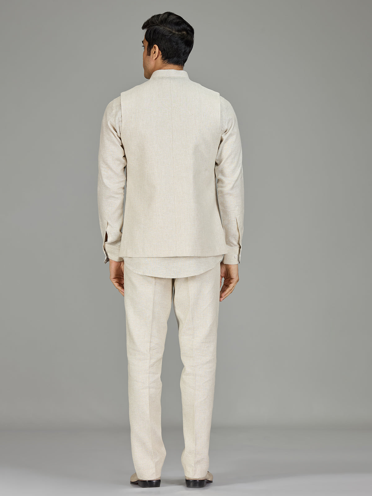 Cream ornate medallion zardosi linen waistcoat set