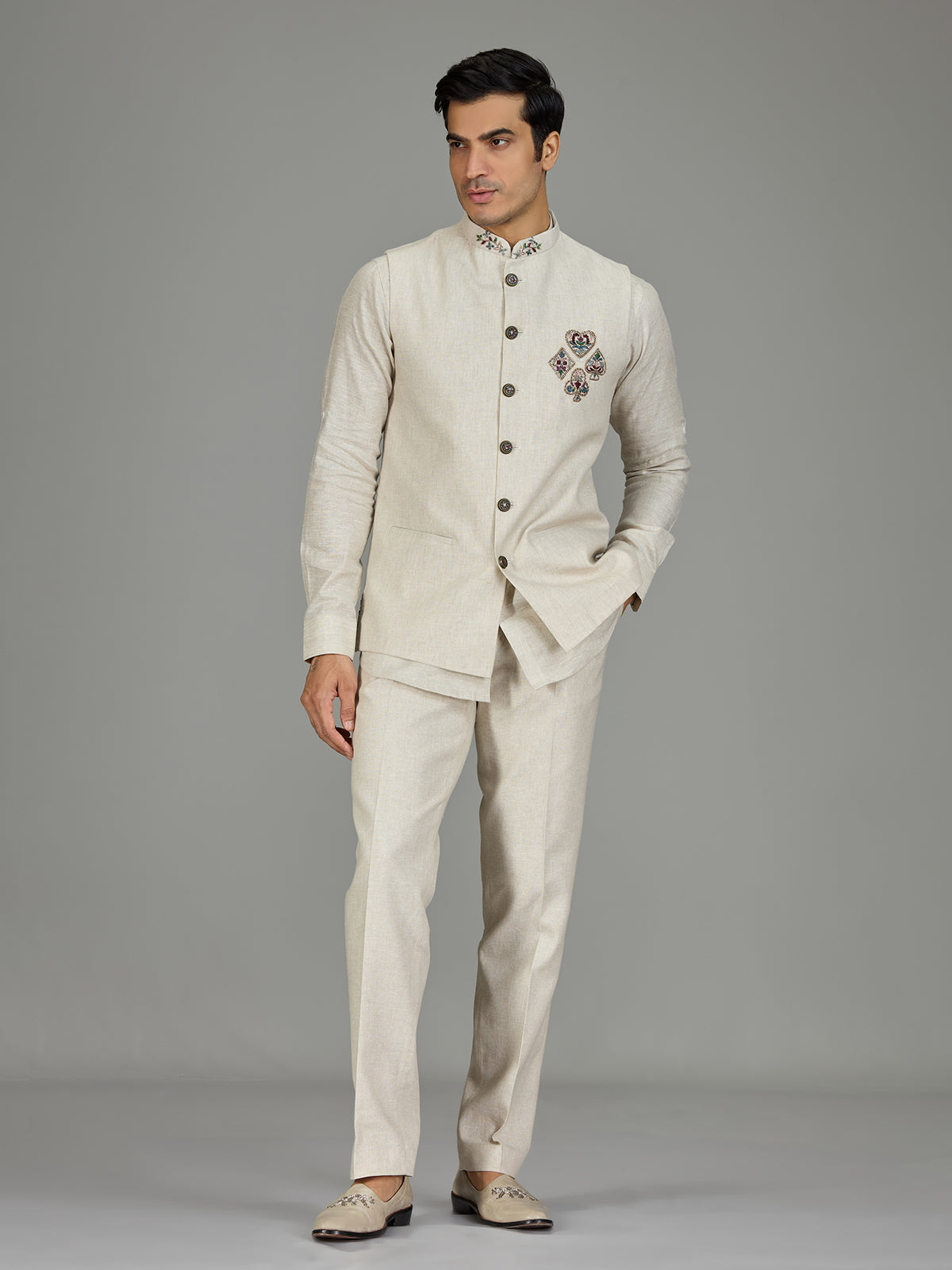 Cream ornate medallion zardosi linen waistcoat set