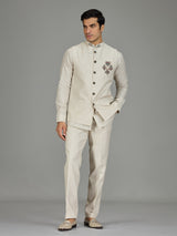 Cream ornate medallion zardosi linen waistcoat set