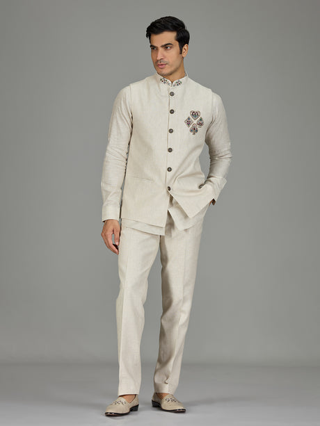 Cream ornate medallion zardosi linen waistcoat set
