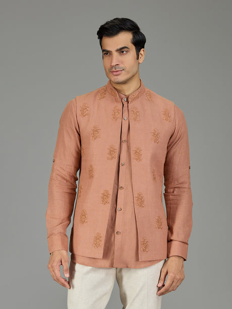 Rust peach floral crest linen nehru jacket set