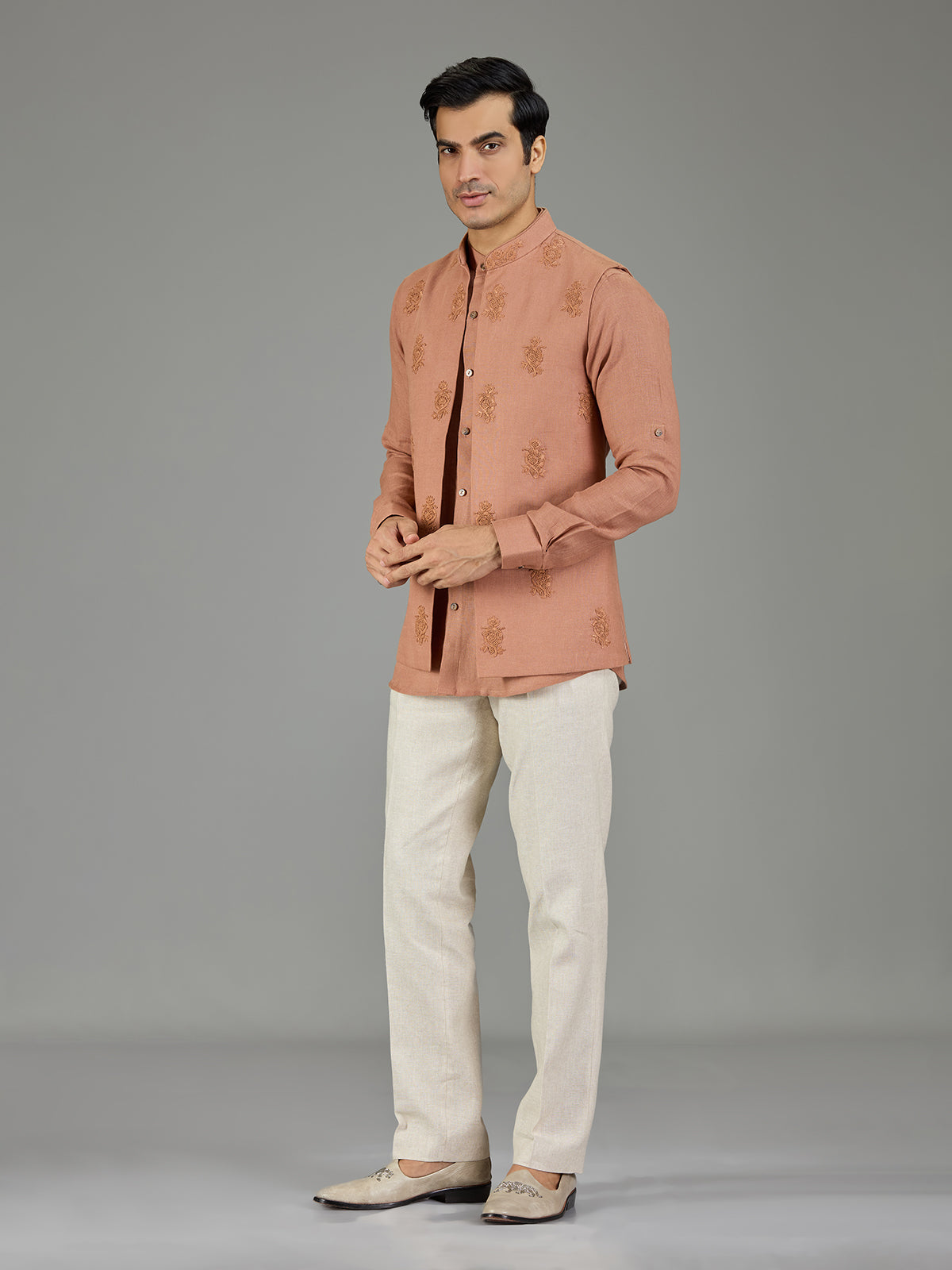 Rust peach floral crest linen nehru jacket set