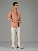 Rust peach floral crest linen nehru jacket set