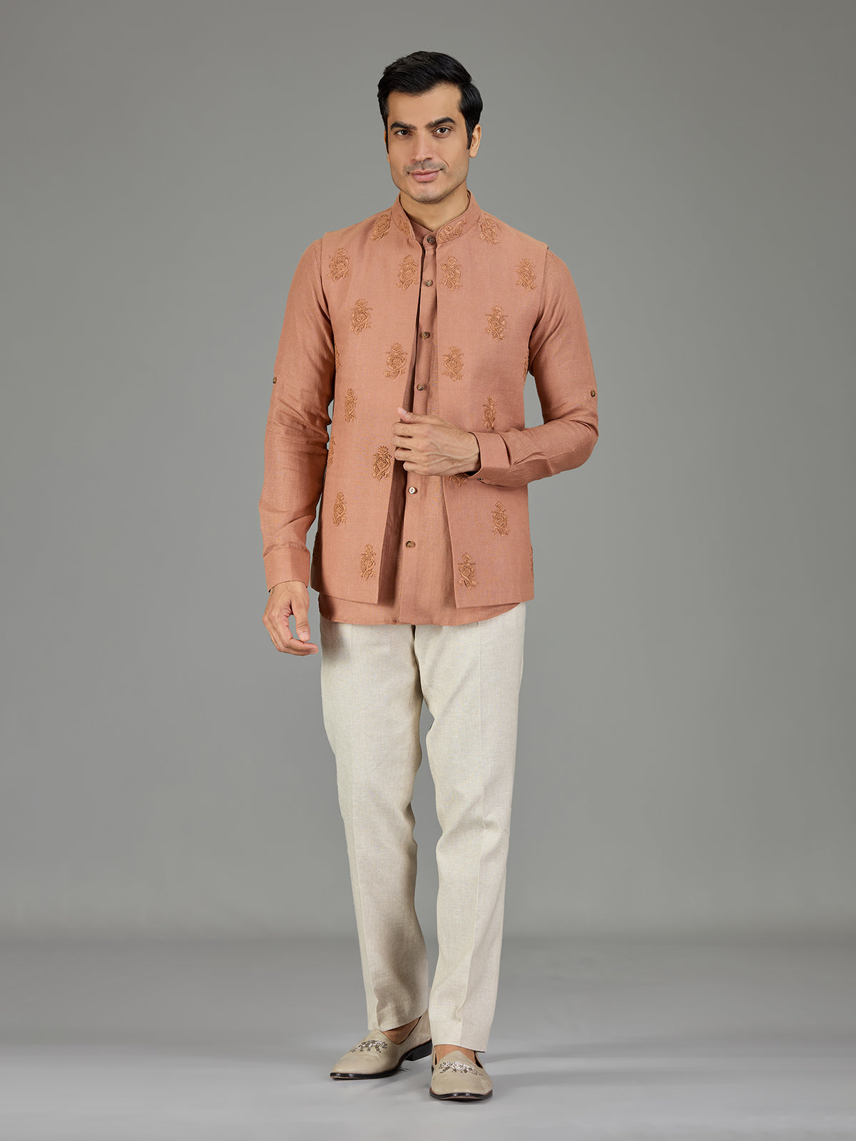 Rust peach floral crest linen nehru jacket set