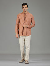 Rust peach floral crest linen nehru jacket set