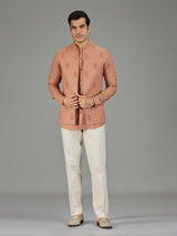 Rust peach floral crest linen nehru jacket set