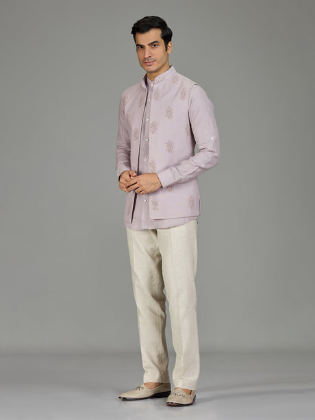 Lilac purple festive paisley linen waistcoat set