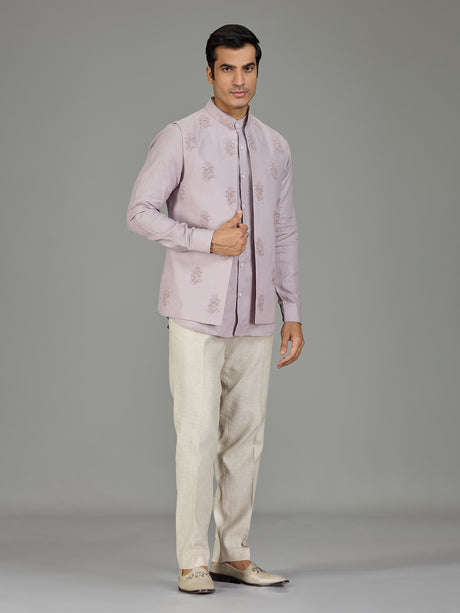 Lilac purple festive paisley linen waistcoat set