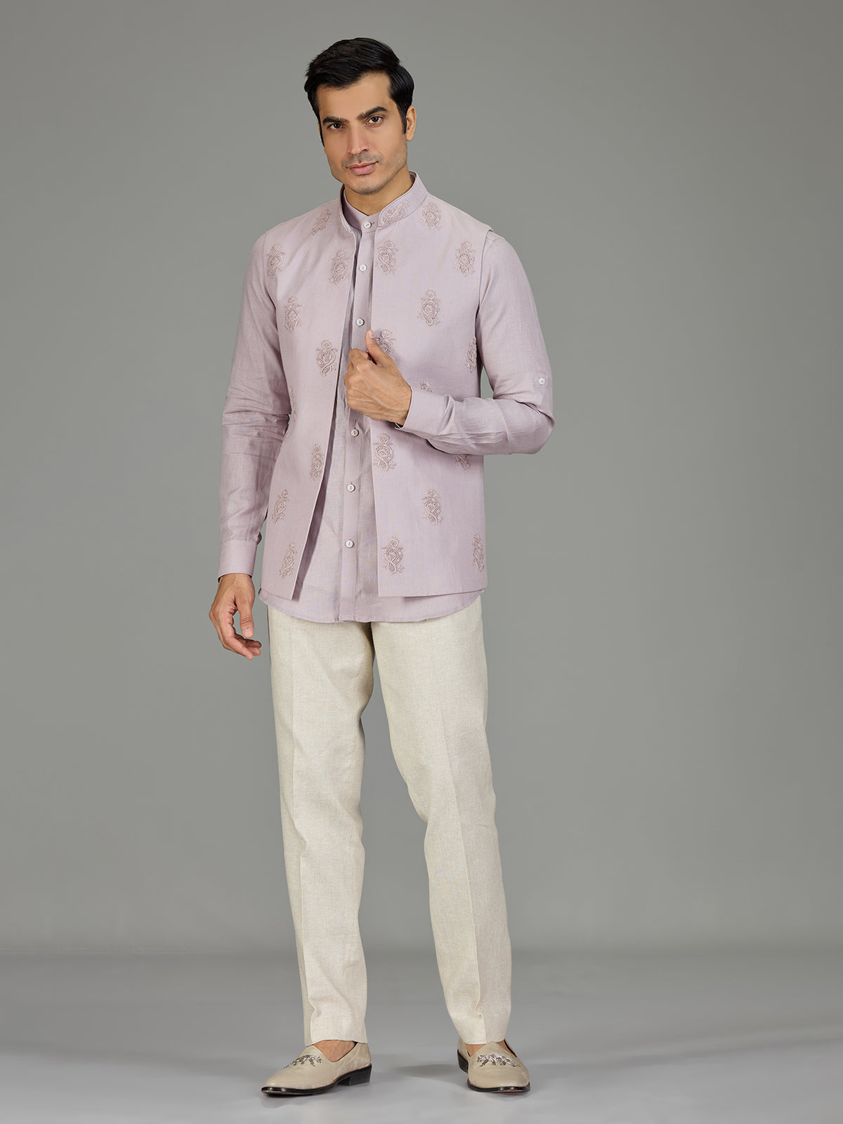 Lilac purple festive paisley linen waistcoat set