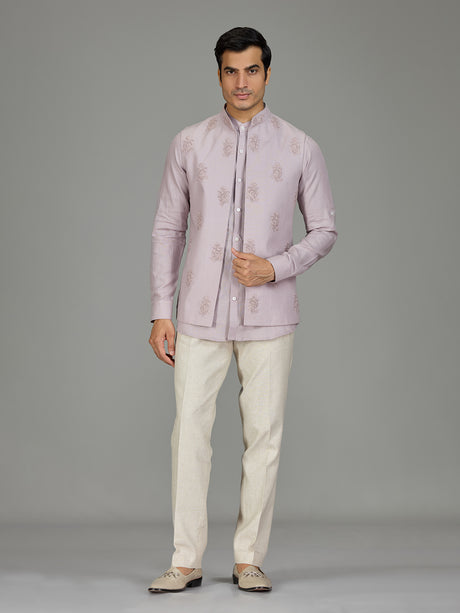 Lilac purple festive paisley linen waistcoat set