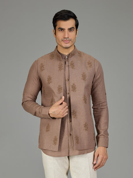 Brown classic booti linen nehru jacket set