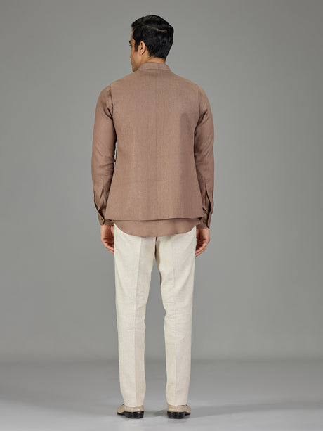 Brown classic booti linen nehru jacket set