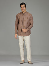 Brown classic booti linen nehru jacket set