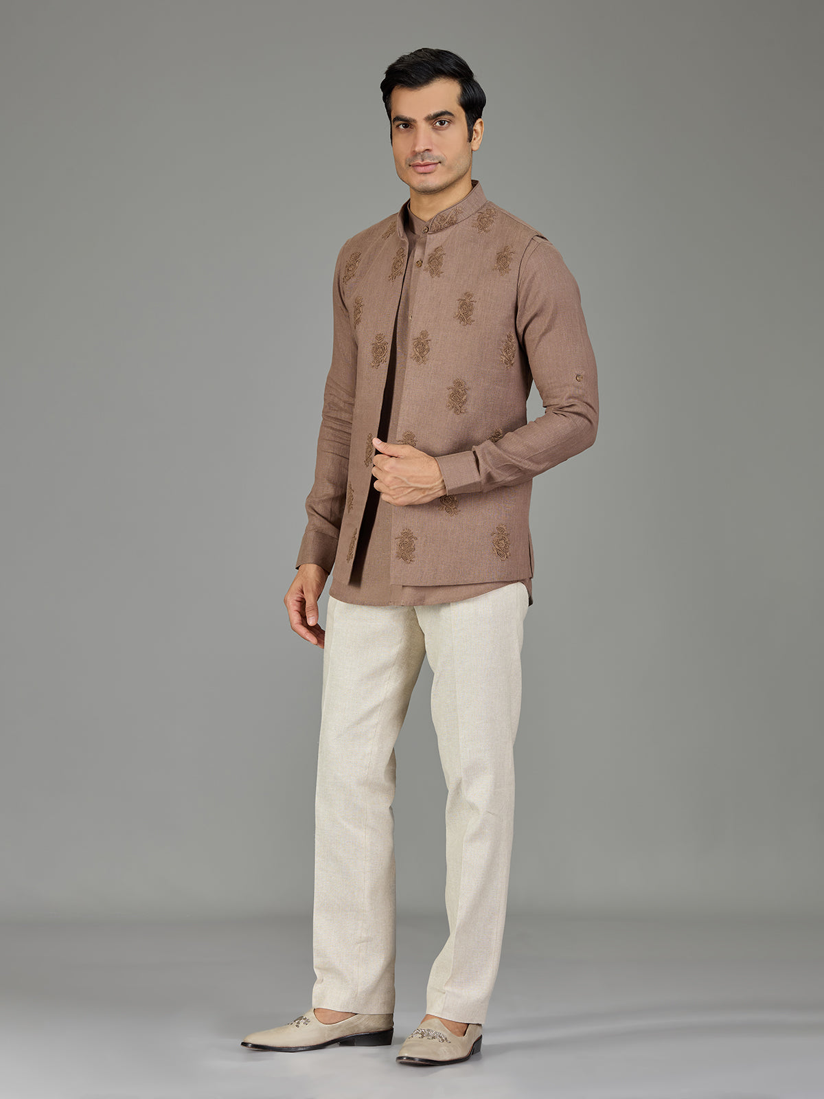 Brown classic booti linen nehru jacket set
