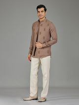 Brown classic booti linen nehru jacket set