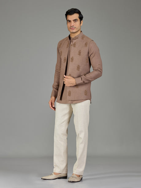 Brown classic booti linen nehru jacket set