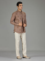 Brown classic booti linen nehru jacket set