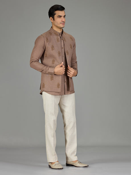 Brown classic booti linen nehru jacket set
