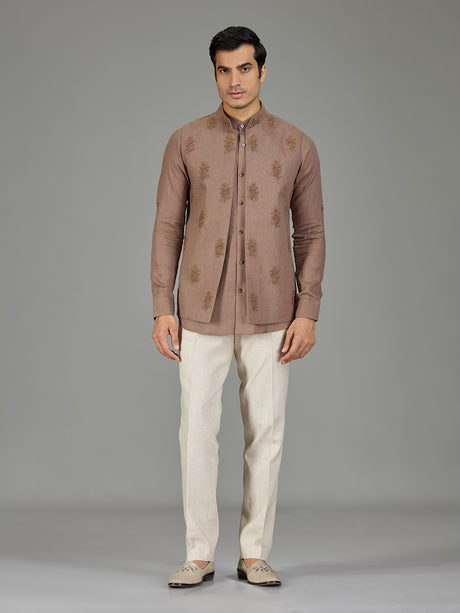 Brown classic booti linen nehru jacket set