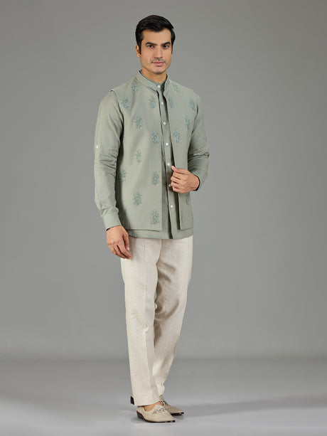 Pista green royal embroidered linen waistcoat set