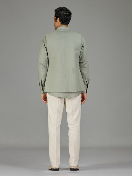 Pista green royal embroidered linen waistcoat set