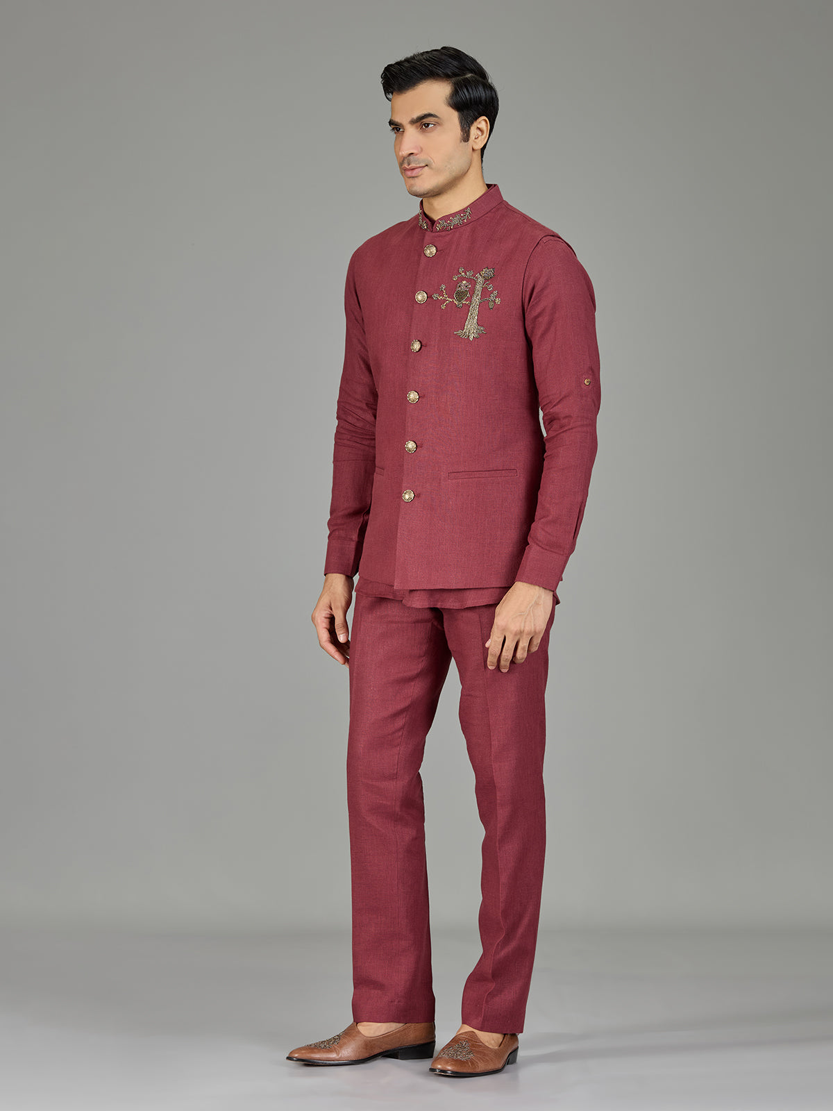 Dusty red heritage nehru jacket linen set