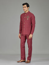 Dusty red heritage nehru jacket linen set