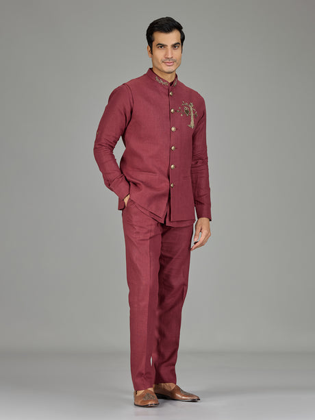 Dusty red heritage nehru jacket linen set