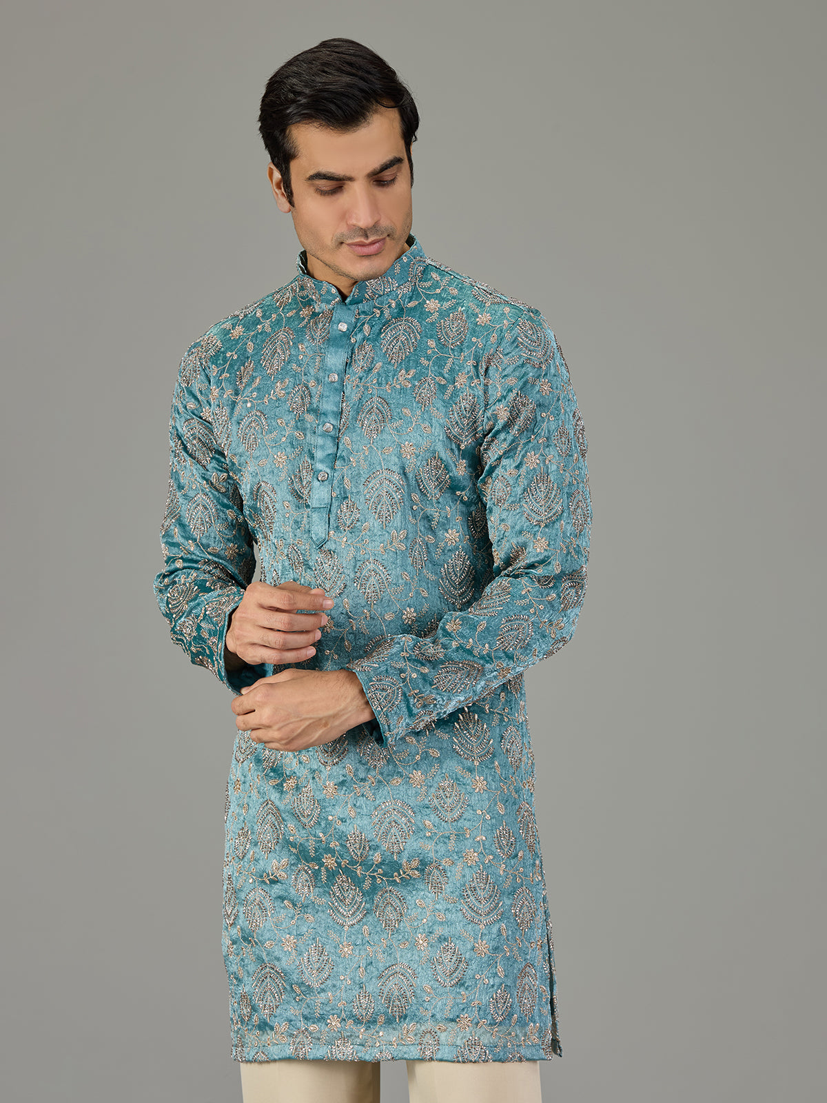 Pastel blue textured festive men kurta suit