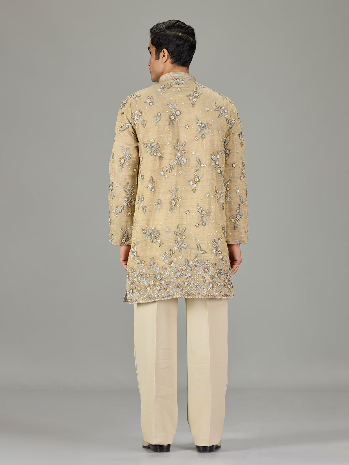 Beige slub texture floral men kurta suit