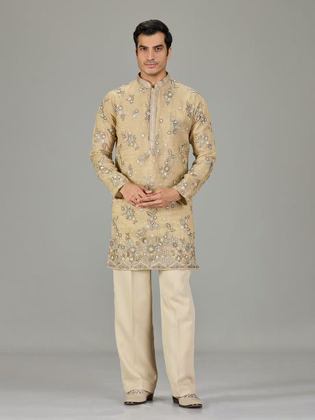 Beige slub texture floral men kurta suit