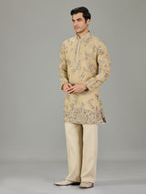 Beige slub texture floral men kurta suit