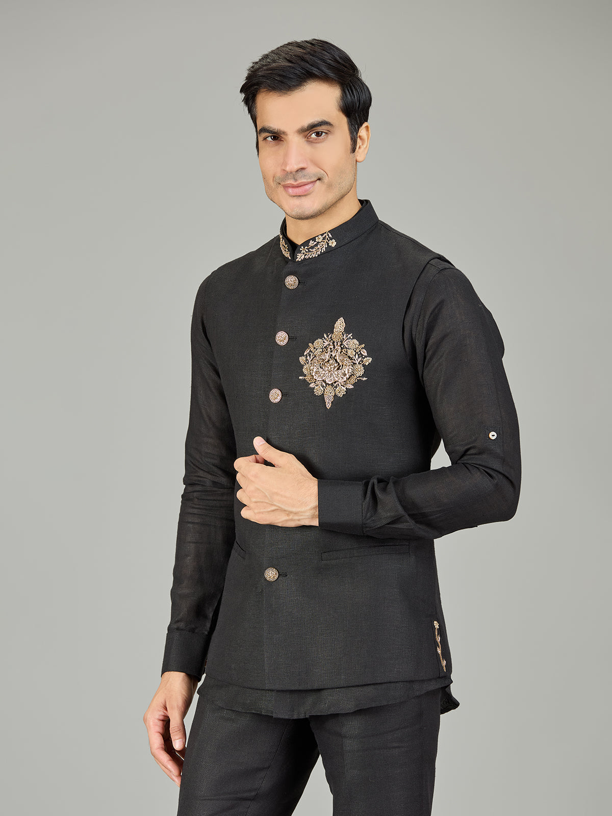 Black royal floral medallion linen waistcoat set