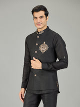 Black royal floral medallion linen waistcoat set